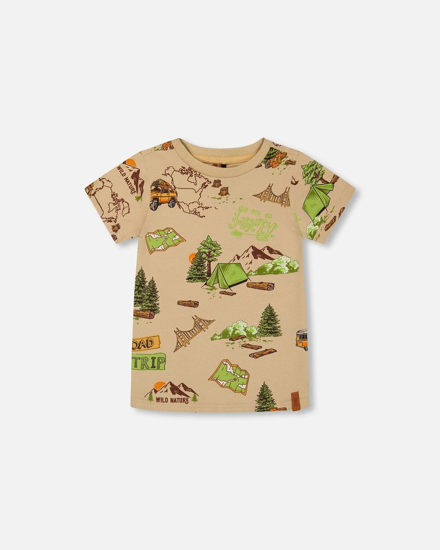 Printed Organic Cotton Tee Camping Beige