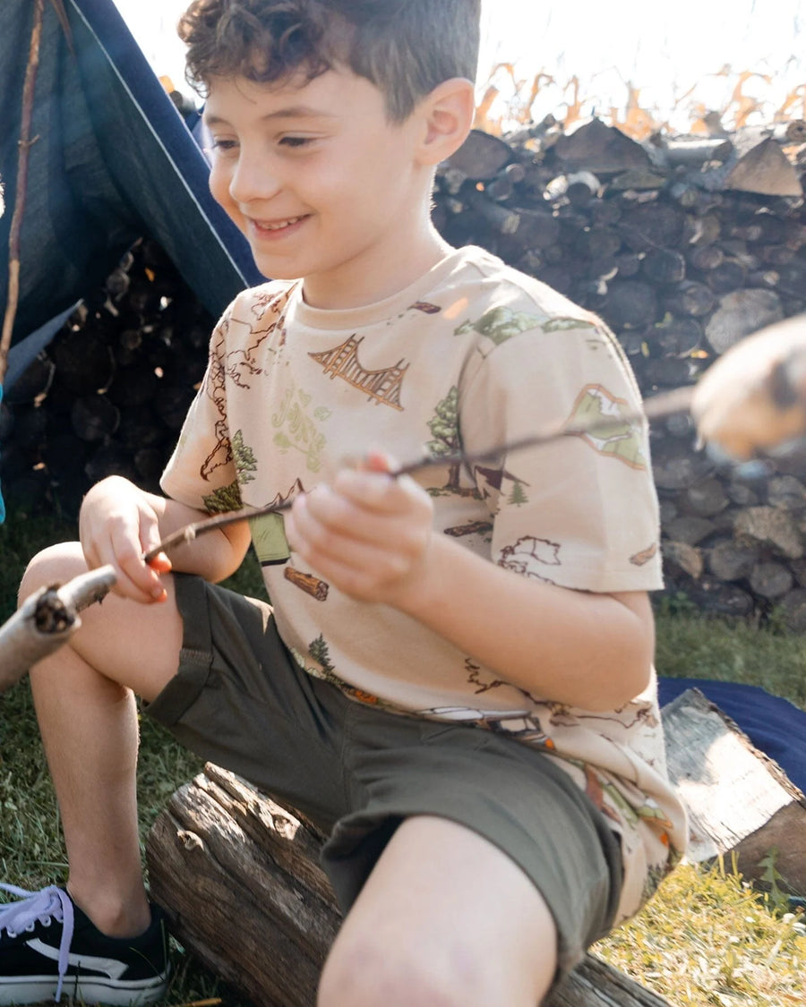Printed Organic Cotton Tee Camping Beige
