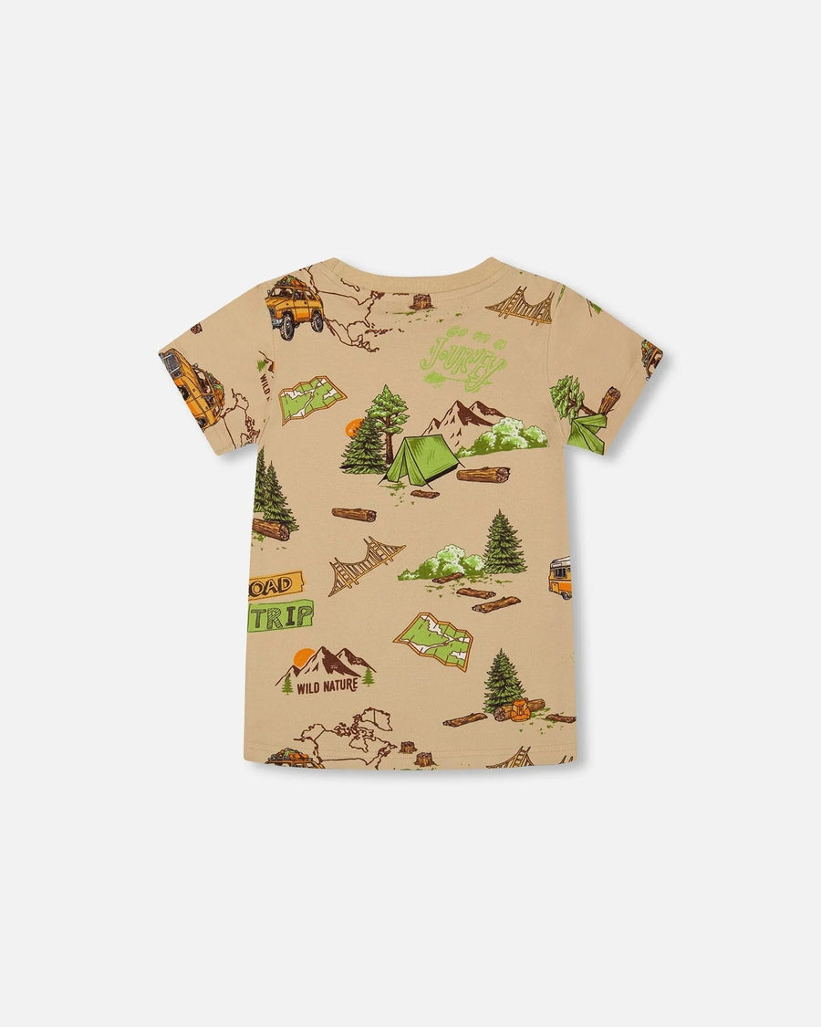 Printed Organic Cotton Tee Camping Beige