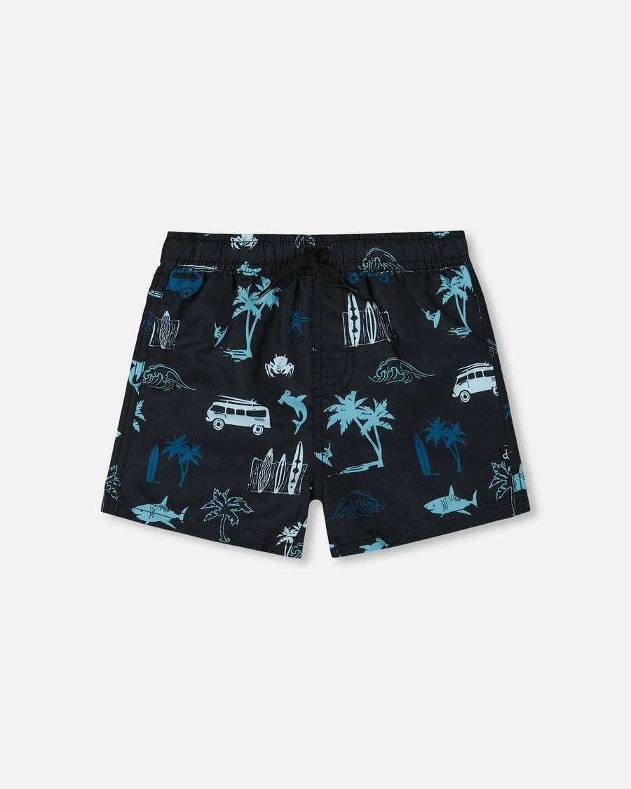 Printed Swim Trunks Light Blue Beach On Black