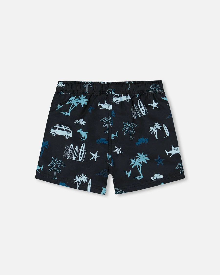 Printed Swim Trunks Light Blue Beach On Black