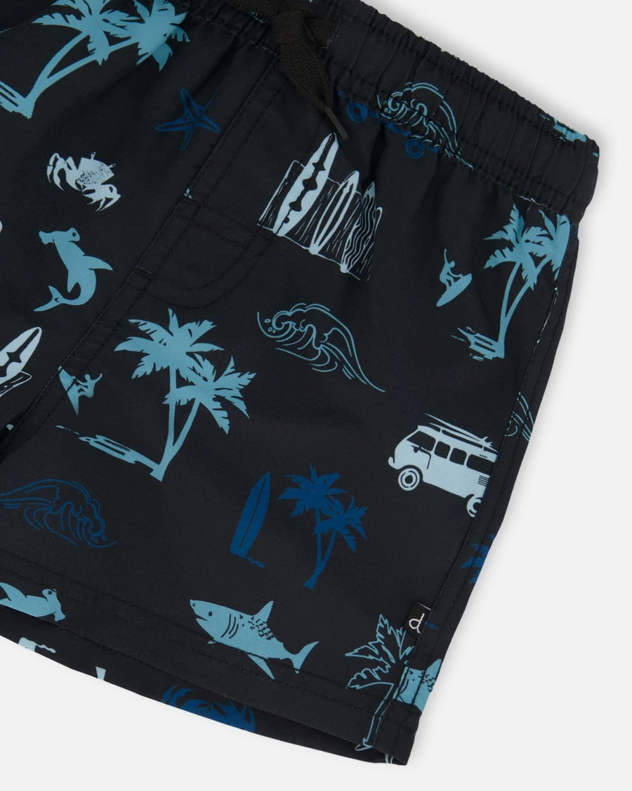 Printed Swim Trunks Light Blue Beach On Black