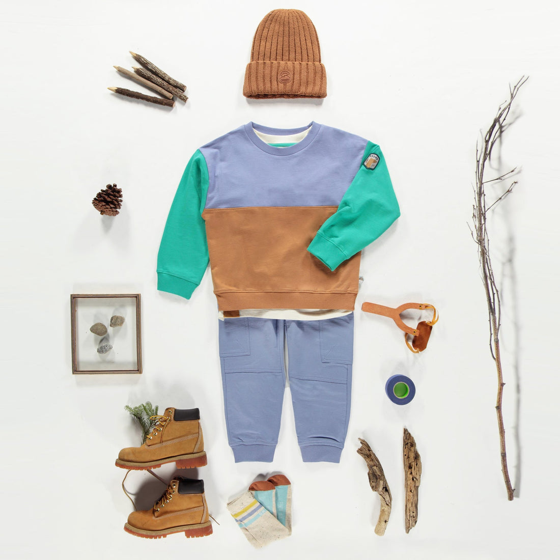 BLUE CREWNECK WITH COLOR BLOCK IN FRENCH TERRY, CHILD