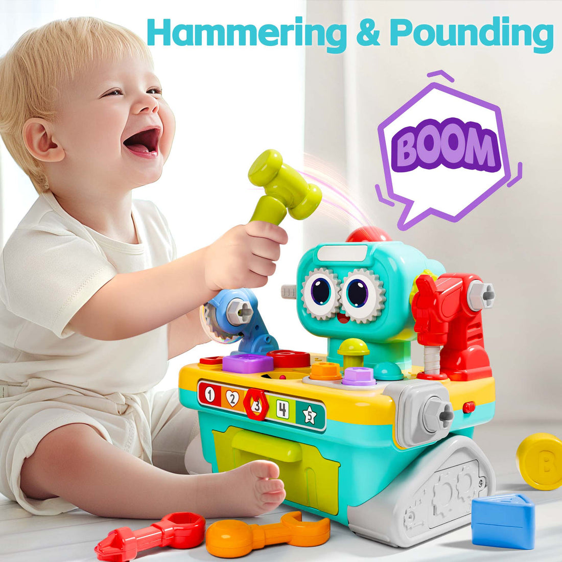 Toddler Musical Workbench Toys for One Year Old Boys, Baby Pretend Play Tool Set