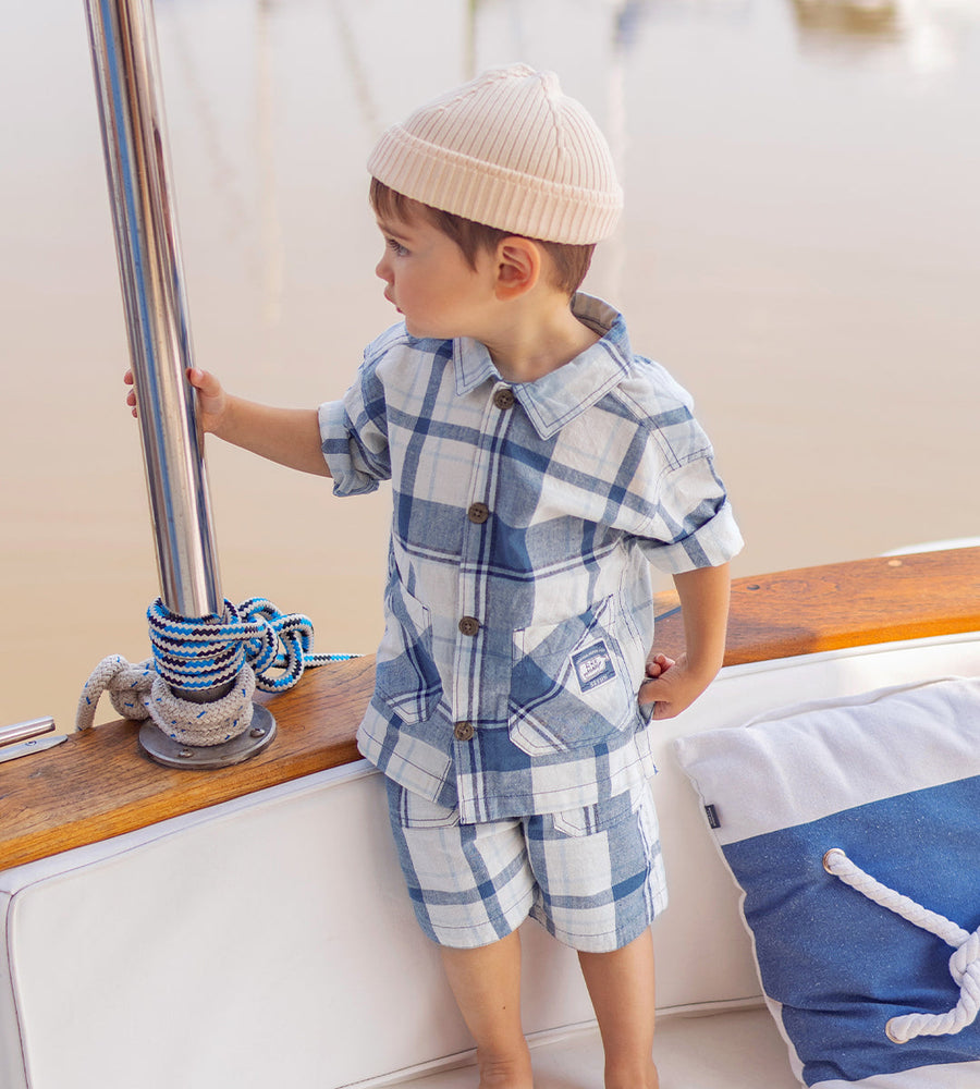 BLUE AND CREAM PLAID BERMUDA SHORTS, BABY