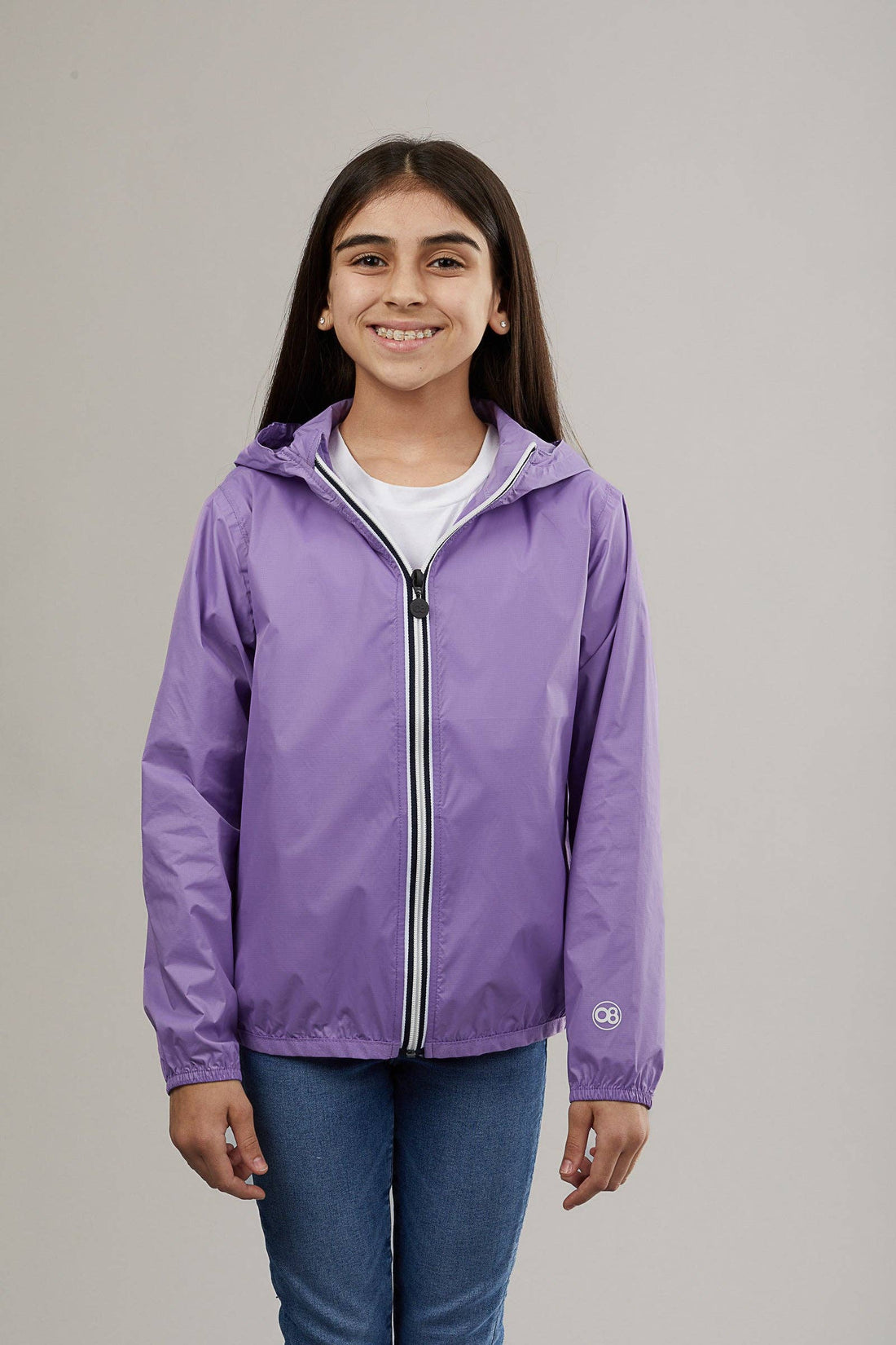 Kids light purple full zip packable rain jacket and windbreaker