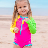 Girls Neon Color Block Long Sleeve One Piece Rash Guard Swimsuit