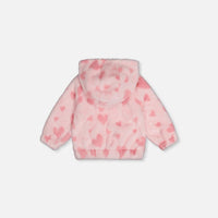 Baby Hooded Full Zip Faux Fur Jacket Pink With Hearts