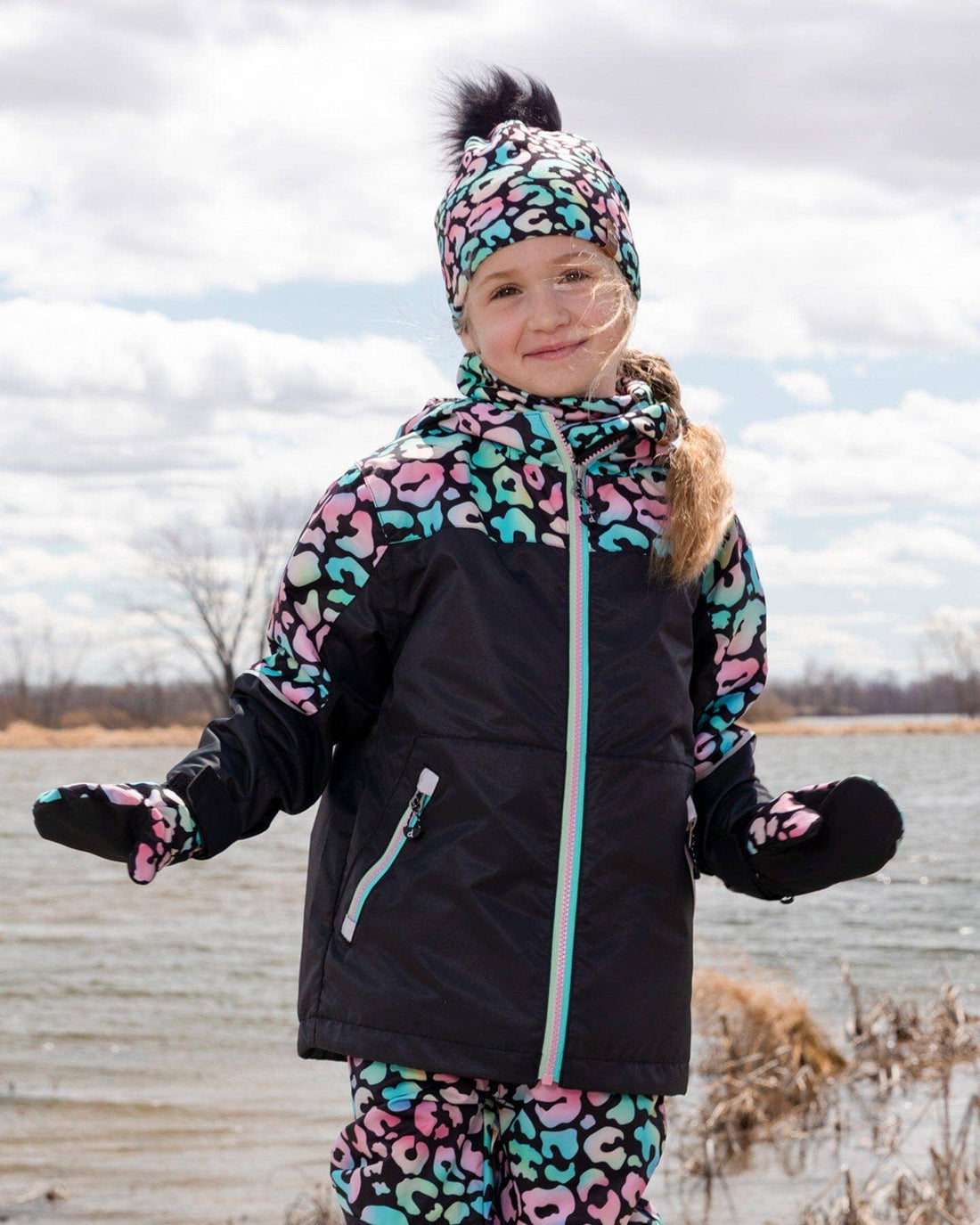Stretch Jersey Hat Black Animal Print With Pompom