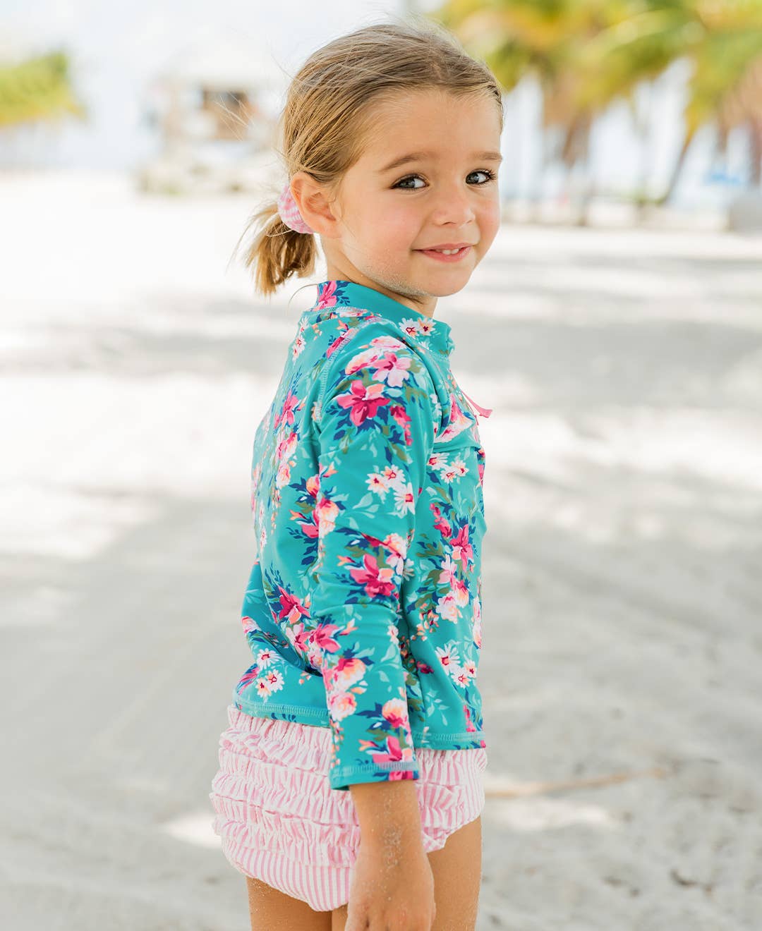 Girls Fancy Me Floral Long Sleeve Zipper Rash Guard 2-Piece Swimsuit with Signature Rear Ruffles