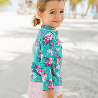 Girls Fancy Me Floral Long Sleeve Zipper Rash Guard 2-Piece Swimsuit with Signature Rear Ruffles