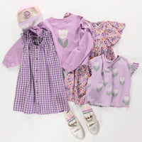 PURPLE AND WHITE CHECKERED DRESS WITH LARGE STRAPS IN SEERSUCKER, CHILD