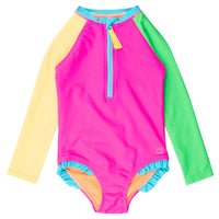 Girls Neon Color Block Long Sleeve One Piece Rash Guard Swimsuit