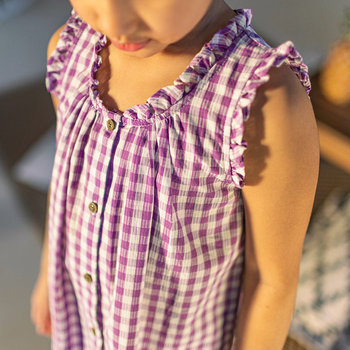 PURPLE AND WHITE CHECKERED DRESS WITH LARGE STRAPS IN SEERSUCKER, CHILD
