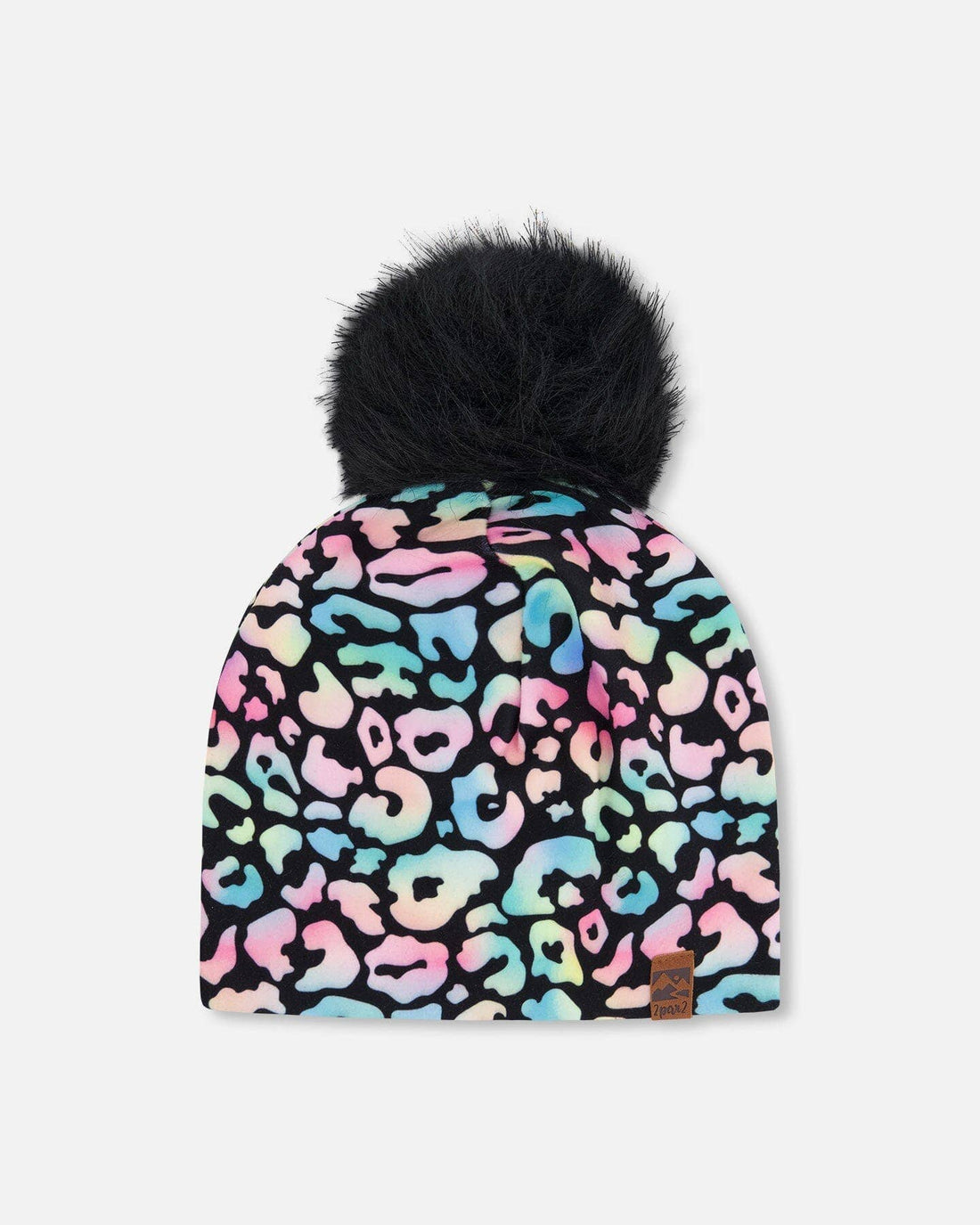 Stretch Jersey Hat Black Animal Print With Pompom