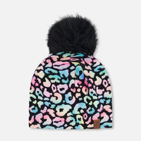 Stretch Jersey Hat Black Animal Print With Pompom