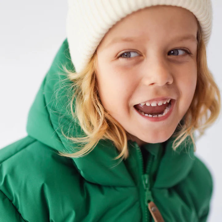 GREEN PUFFER COAT WITH HIGH COLLAR AND HOOD IN NYLON, CHILD