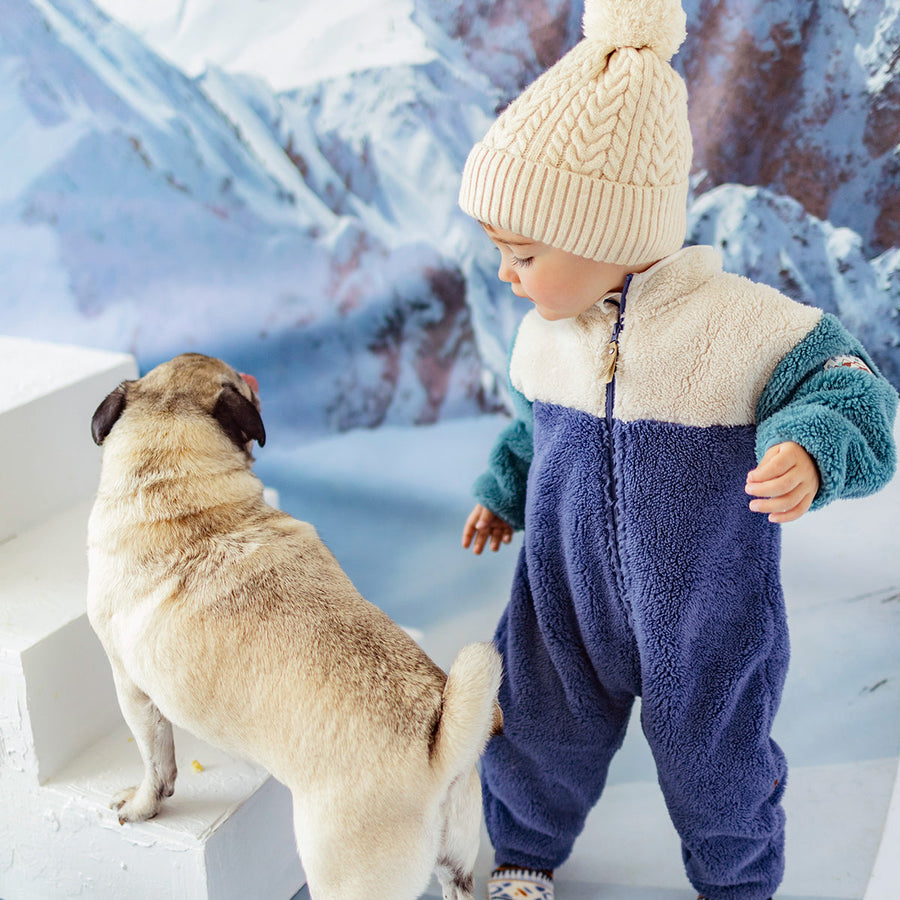 Blue sherpa one piece with color block and high collar, baby