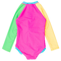 Girls Neon Color Block Long Sleeve One Piece Rash Guard Swimsuit