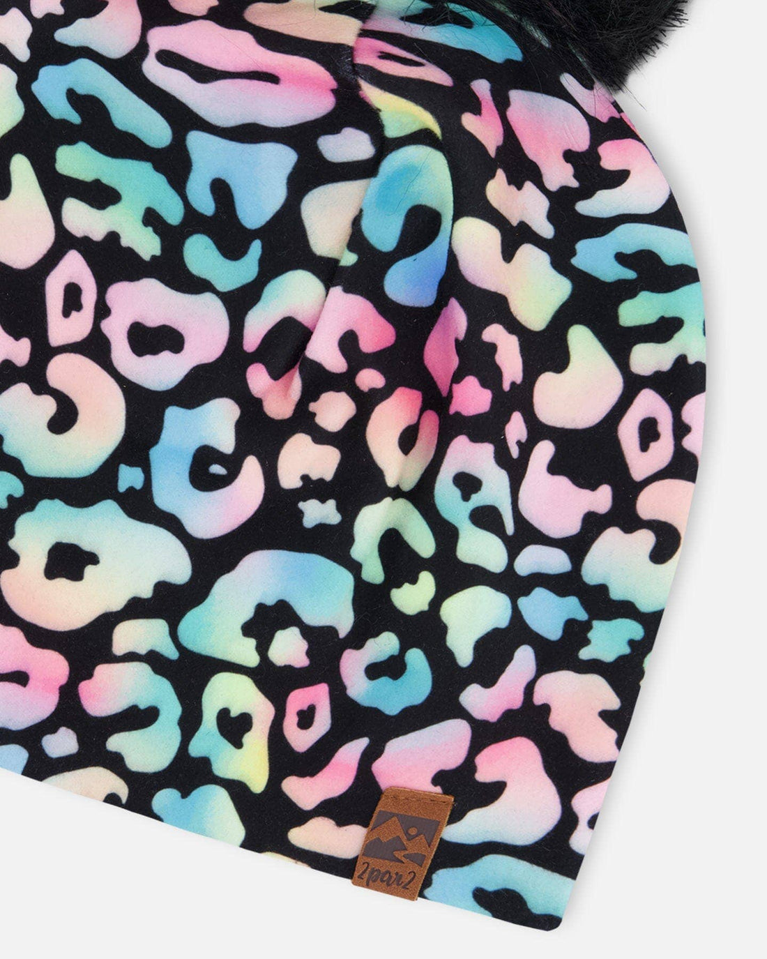 Stretch Jersey Hat Black Animal Print With Pompom