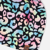 Stretch Jersey Hat Black Animal Print With Pompom