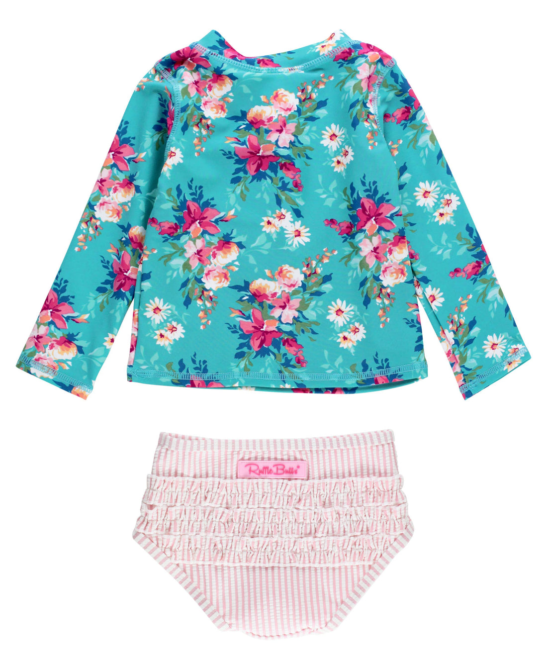 Girls Fancy Me Floral Long Sleeve Zipper Rash Guard 2-Piece Swimsuit with Signature Rear Ruffles