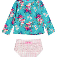 Girls Fancy Me Floral Long Sleeve Zipper Rash Guard 2-Piece Swimsuit with Signature Rear Ruffles