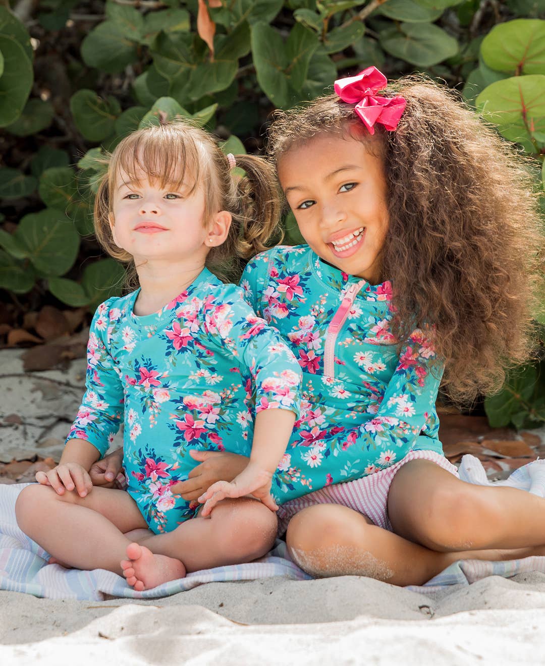 Girls Fancy Me Floral Long Sleeve Zipper Rash Guard 2-Piece Swimsuit with Signature Rear Ruffles