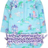 Baby Girls Once Upon a Castle Long Sleeve One Piece Rash Guard Swimsuit with Signature Rear Ruffles