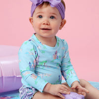 Baby Girls Once Upon a Castle Long Sleeve One Piece Rash Guard Swimsuit with Signature Rear Ruffles