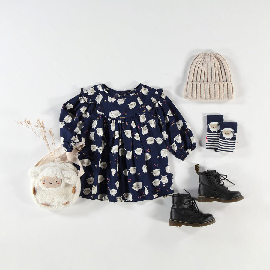 Navy blue dress with all over print, baby