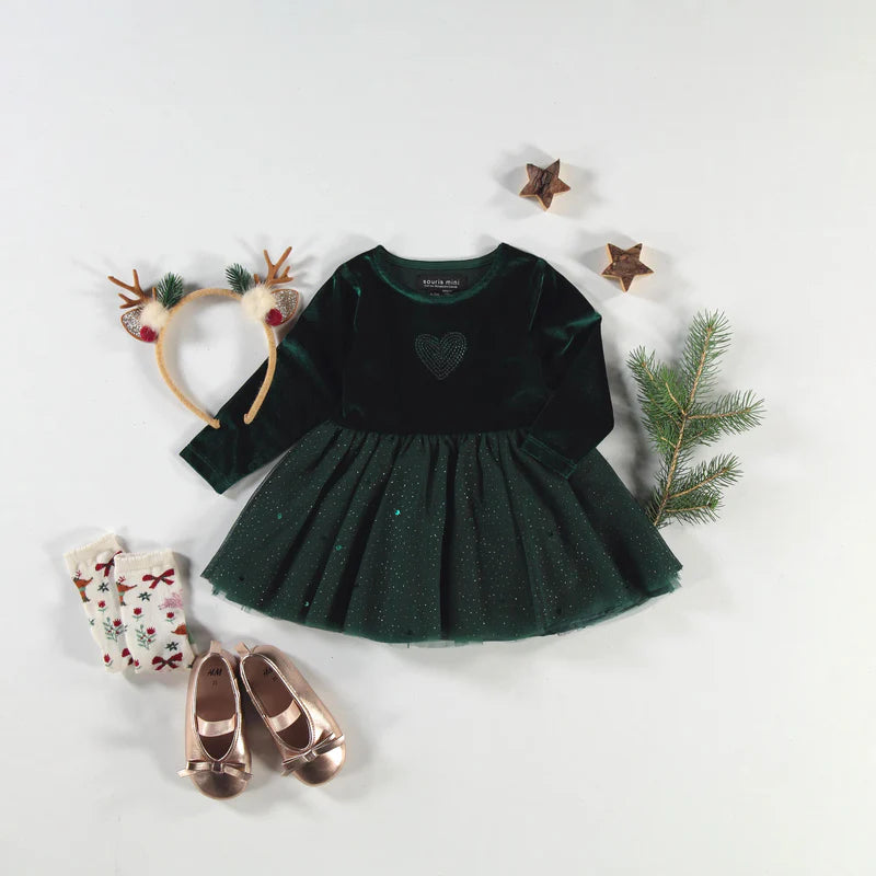 GREEN DRESS IN VELVET AND SEQUIN, BABY