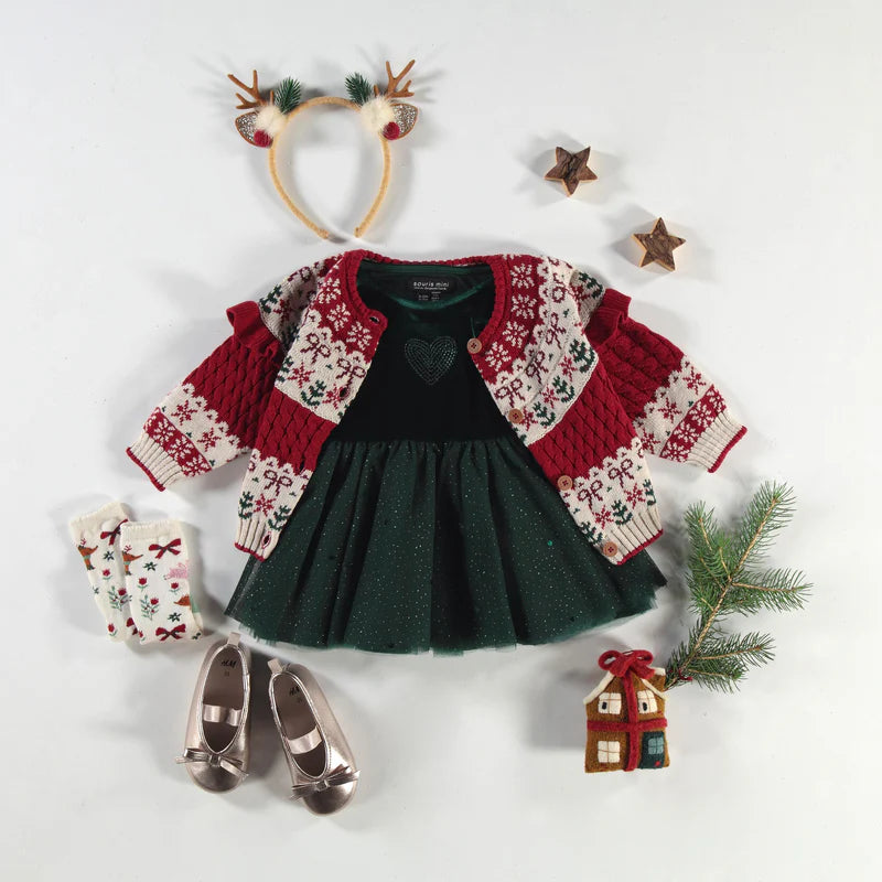 RED KNIT CARDIGAN WITH JACQUARD PATTERNS, BABY