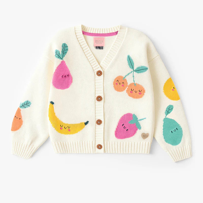 Cream knit cardigan with fruit patterns, child