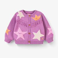 Purple knit cardigan with star patterns, baby