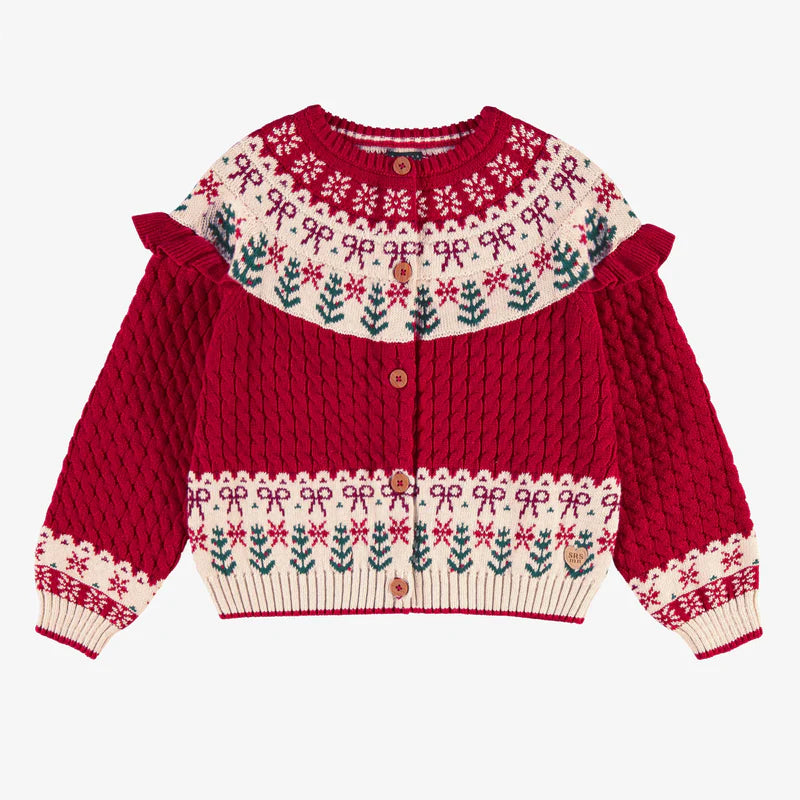 RED KNIT CARDIGAN WITH JACQUARD PATTERNS, CHILD
