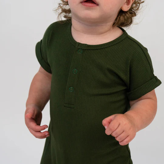 Ribbed Bamboo Short Sleeve Shortall Romper - Forest Green