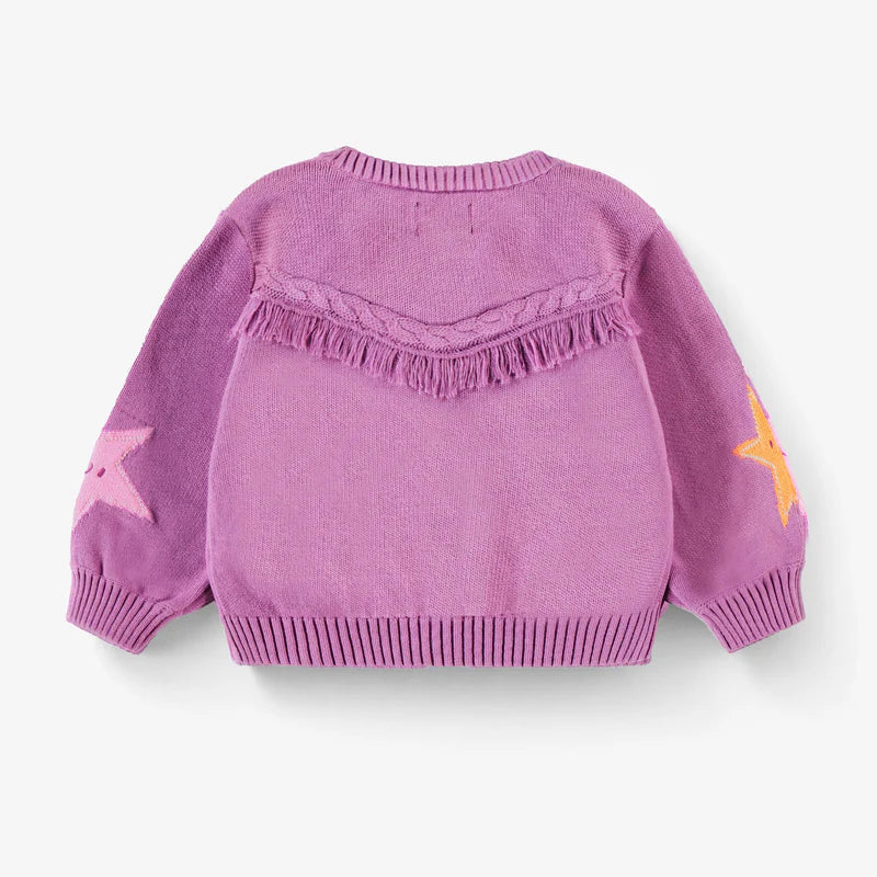 Purple knit cardigan with star patterns, baby
