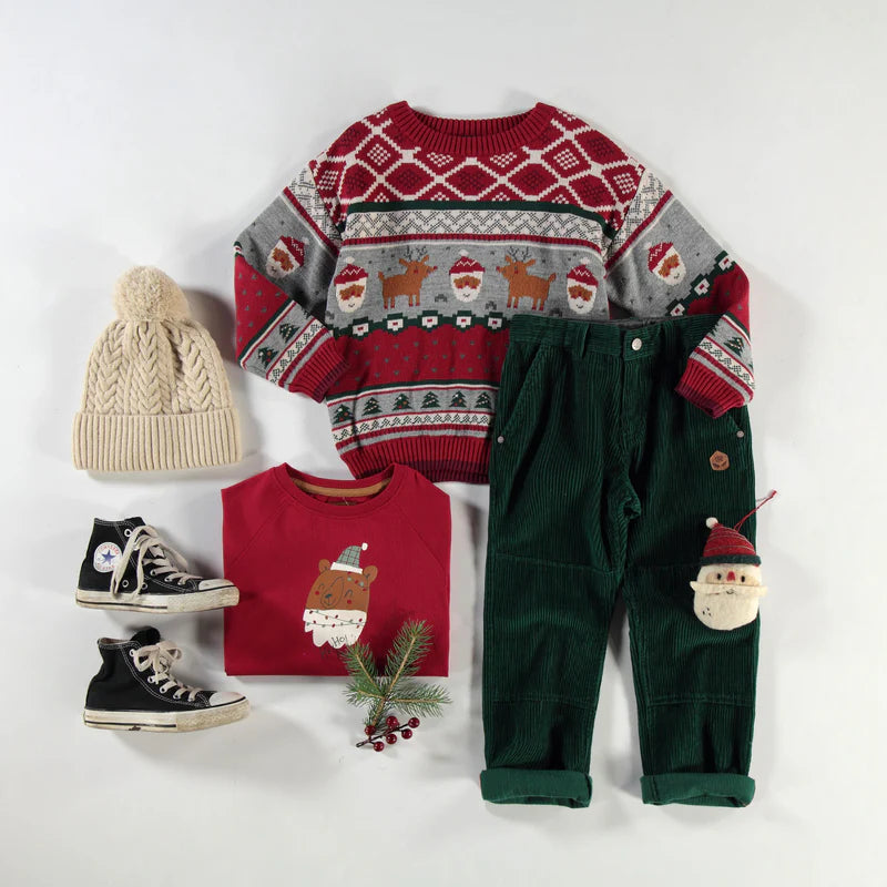 RED KNIT SWEATER WITH FESTIVE PATTERNS, CHILD