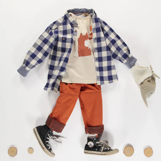 Steel blue and cream plaid shirt in soft flannel, child