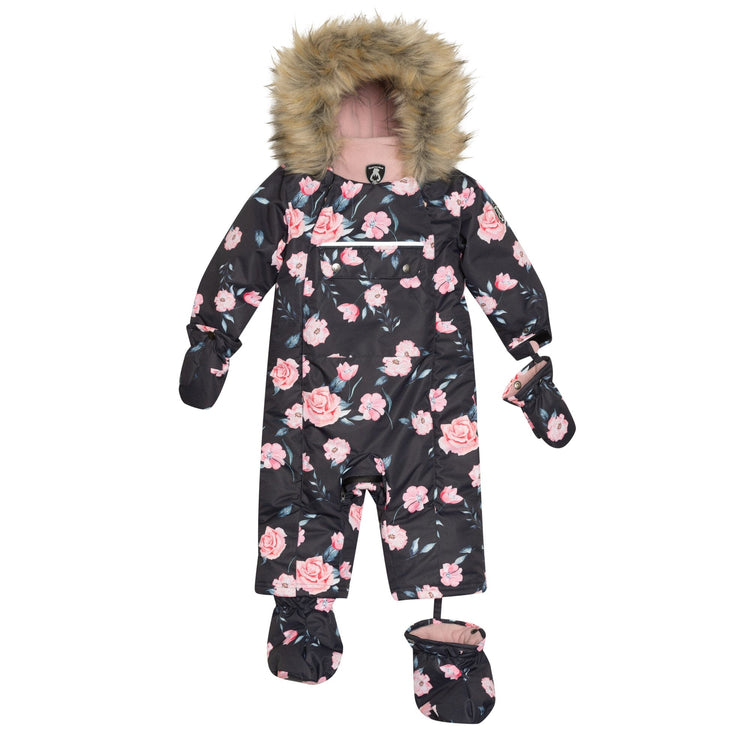 One Piece Baby Car Seat Snowsuit Black With Rose Print