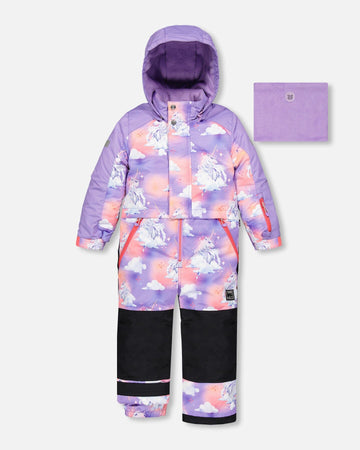 One Piece Lavender Snowsuit With Unicorns In The Cloud Print