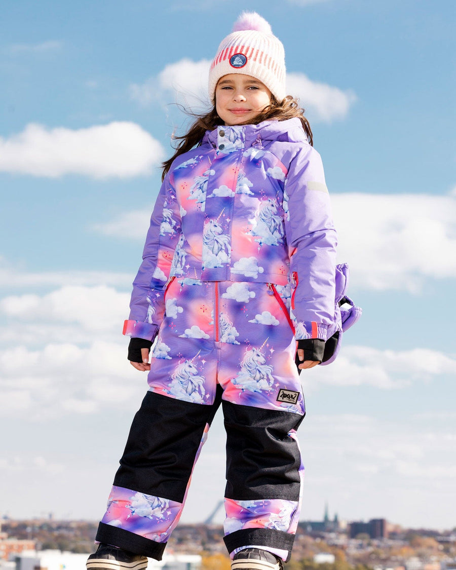 One Piece Lavender Snowsuit With Unicorns In The Cloud Print