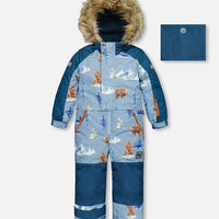 One Piece Snowsuit Blue With Bear Print