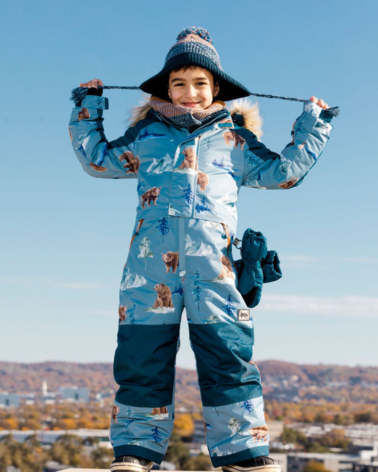 One Piece Snowsuit Blue With Bear Print