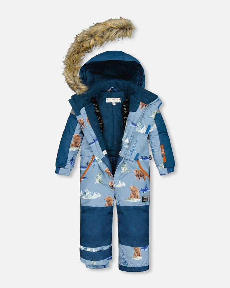 One Piece Snowsuit Blue With Bear Print