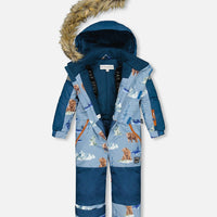 One Piece Snowsuit Blue With Bear Print