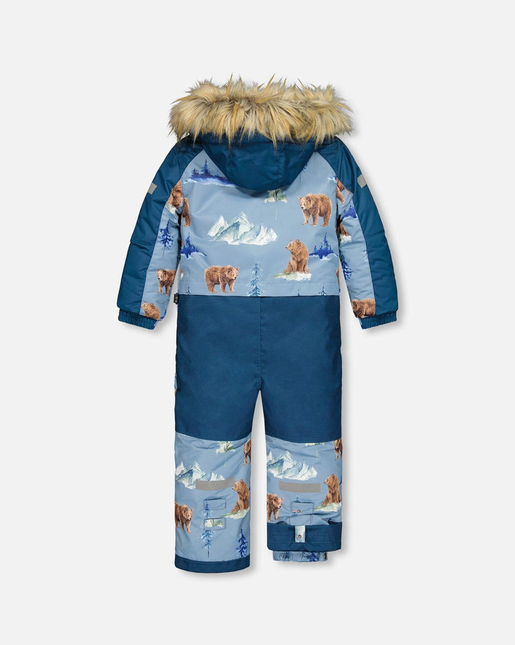 One Piece Snowsuit Blue With Bear Print