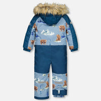 One Piece Snowsuit Blue With Bear Print