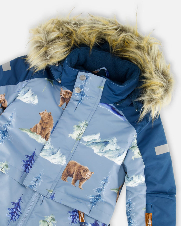 One Piece Snowsuit Blue With Bear Print